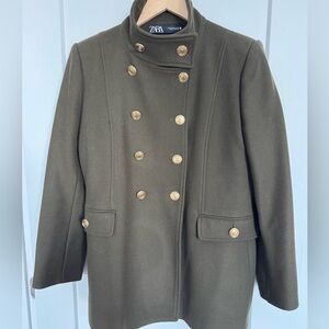 Zara Women's Olive Double-Breasted Pea Coat